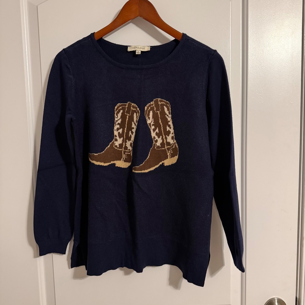 Astrologie Navy Blue Cowboy Boot Graphic Knit Sweater Western Small